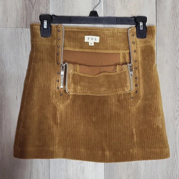 Pol Anthropologie Womens S‎ Corduroy Skirt Dark Tan Zipper Rivet Mini A Line - Picture 3 of 7